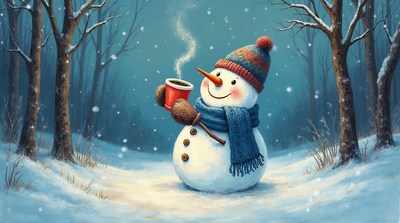 Snowman holding steaming hot cocoa