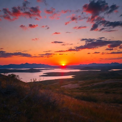 Sunset over lake and mountains