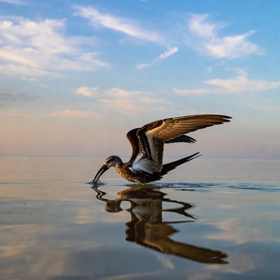 Whimbrel bird foraging in shallow water
