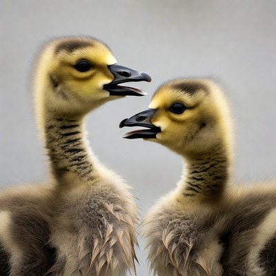 Two cute goslings facing each other