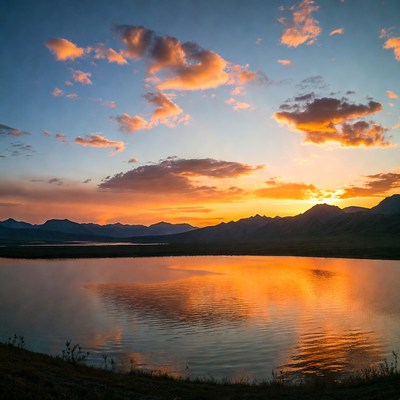 Sunset over mountains and lake