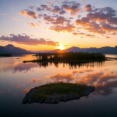 Sunset over lake with mountains and islands