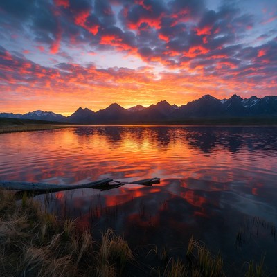 Sunset over mountains reflecting in lake
