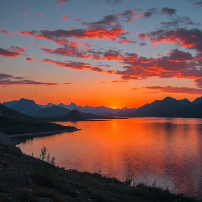 Sunset over mountains and lake