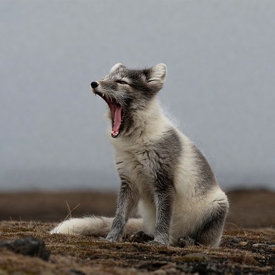 Arctic Fox Yawning on Tundra