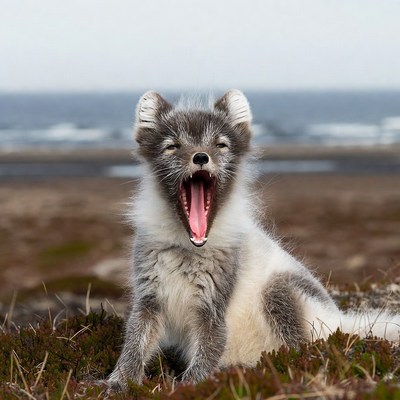 Arctic Fox Yawning on Beach