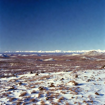 Snowy Mountains Over Tundra Landscape