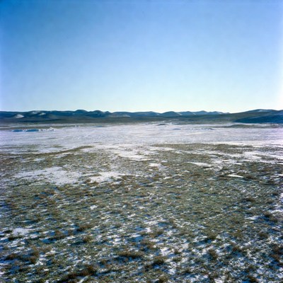 Snowy tundra landscape with distant mountains