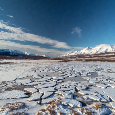 Frozen River Cracked Ice Snowy Mountains