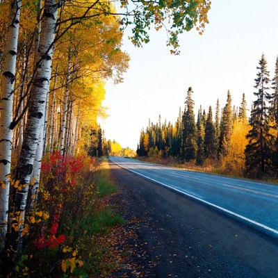 Autumn road through birch forest