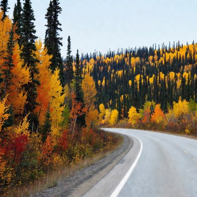 Curvy road through autumn forest