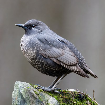 Gray Starling Perched on Mossy Rock