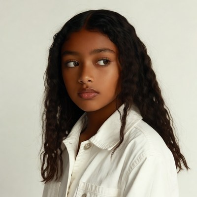 African-American girl in white denim jacket