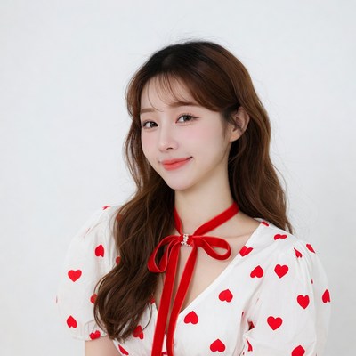 Asian woman in red heart dress