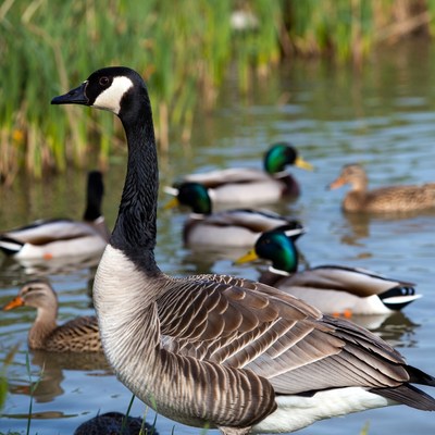 Canada Goose with Ducks in Water