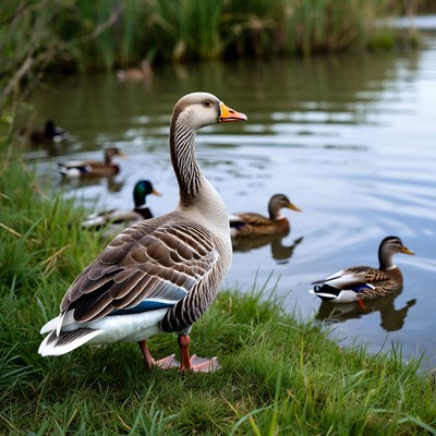 Greylag goose standing by pond