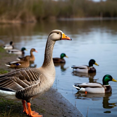 Goose standing by lake with ducks