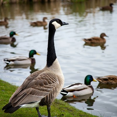Canada Goose by Lake with Ducks