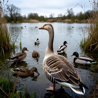 Greylag Goose with Ducks in Pond