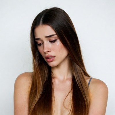 Sad woman with tears on white background