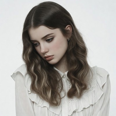 Woman with wavy brown hair in white blouse