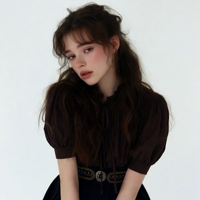 Young woman in brown blouse and skirt