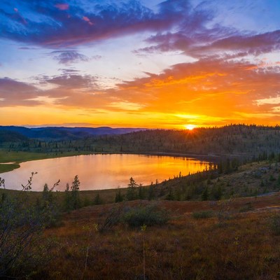 Sunset over mountain lake