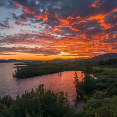 Sunset over mountain lake