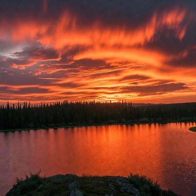 Vibrant Sunset over Forest Lake