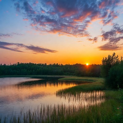 Sunset over lake with forest