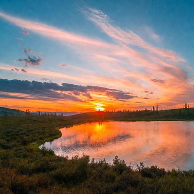 Sunset over mountain lake
