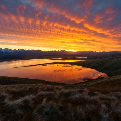 Sunset over mountain lake