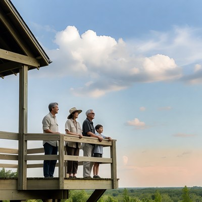 Family standing on wooden observation deck