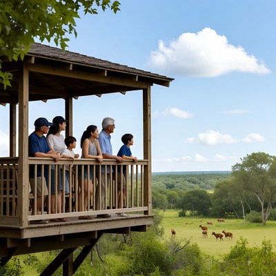 Asian family viewing wildlife from deck