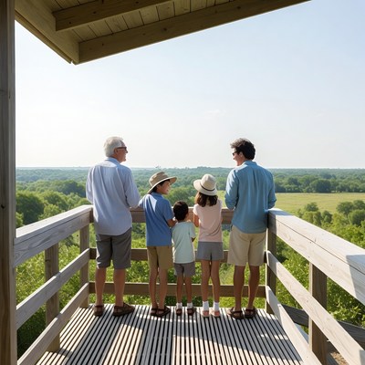 Family viewing landscape from wooden lookout tower