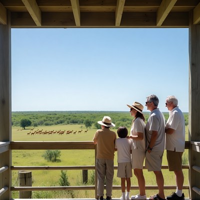 Family watching wildebeest from safari platform