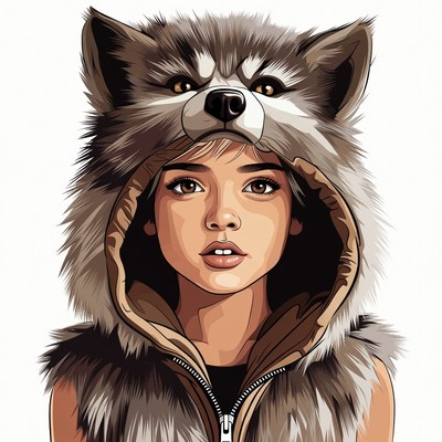 Girl wearing wolf fur hood