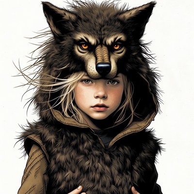 Girl wearing wolf mask hood