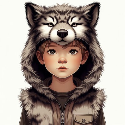 Boy wearing wolf hood costume