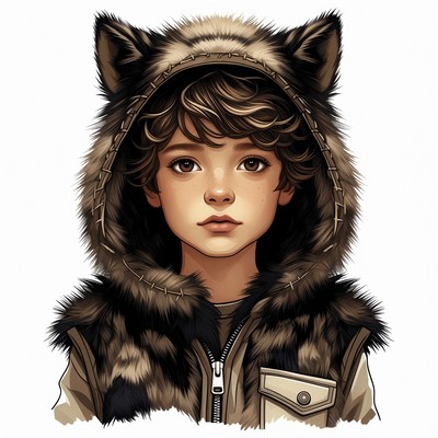 Boy in wolf fur hood illustration