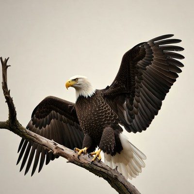 Bald eagle perched on branch with wings spread