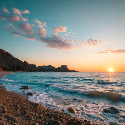 Sunset over rocky beach and ocean
