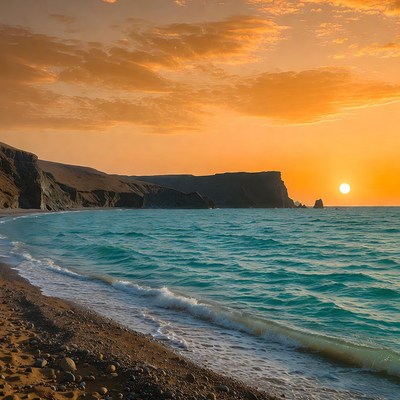 Sunset over beach with cliffs