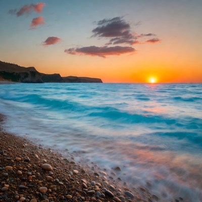 Sunset over pebbly beach