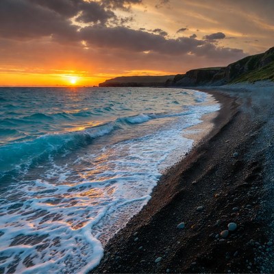 Sunset over black pebble beach