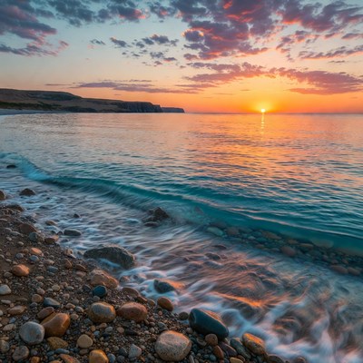 Sunset over pebbly beach