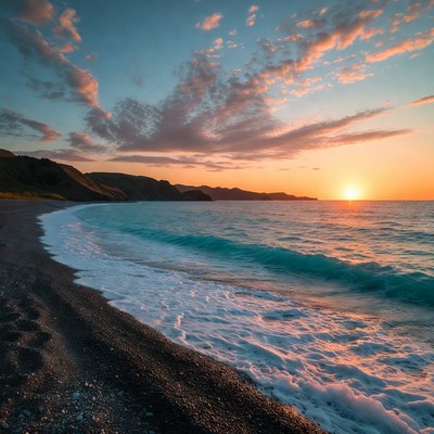 Sunset over black pebble beach