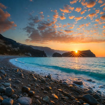 Sunset over rocky beach with cliffs