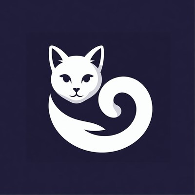 White cat illustration with curly tail