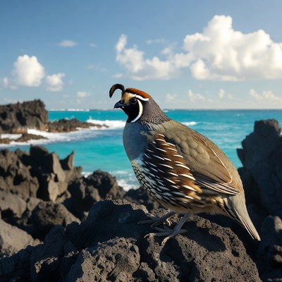 California Quail on rocky beach